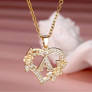 SALE 18k Gold Letter “A” Initial Crystal Heart Flower Pendant Necklace